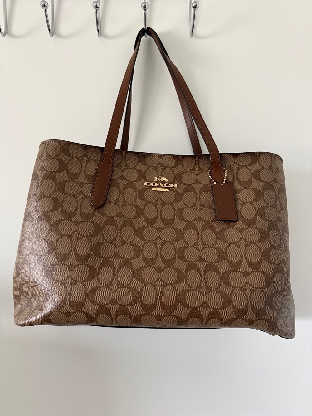 COACH Brown Signature Canvas Tote with Leather Straps
